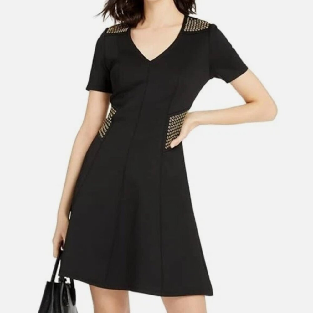 Michael Kors Black Grommet Panel, Fit and Flare Studded Dress Size Large (NWT)